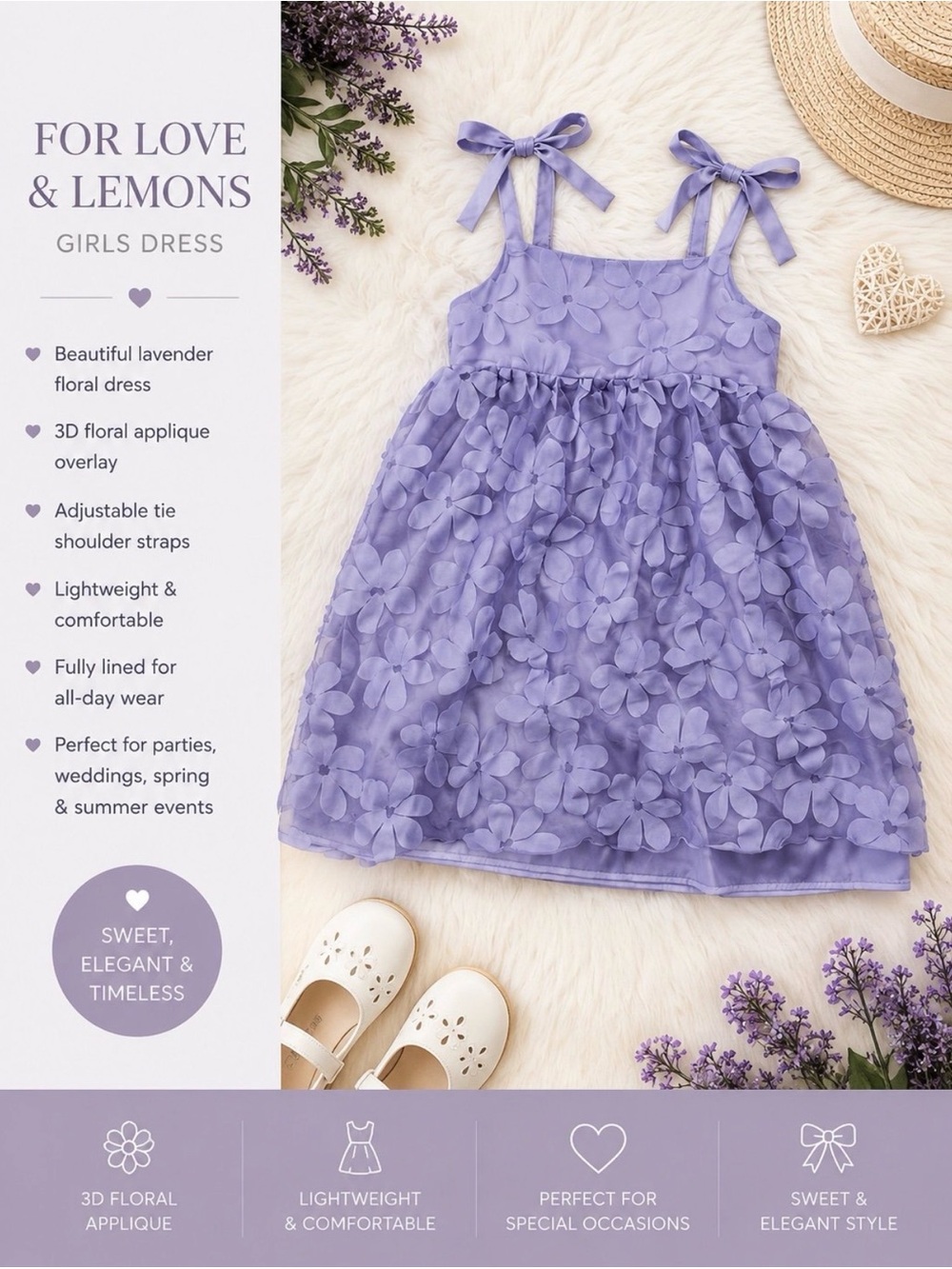 For Love And Lemons Lavender 3D Floral Applique Girls Dress